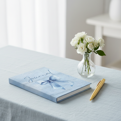 Blue bow journal on linen surface with white flowers and gold pen lifestyle photo
