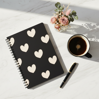 Black and white heart journal lifestyle flat lay on marble desk with coffee and pen